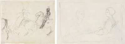 Taistelukohtaus panssaroiduilla hahmoilla hevosen selässä (recto) Kaksi istuvaa naista (verso) tekijältä Edgar Degas