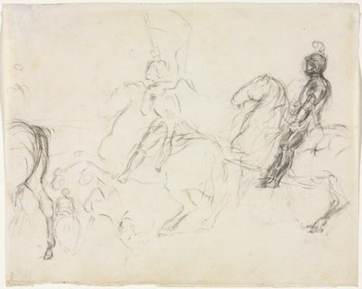 Taistelukohtaus panssaroiduilla hahmoilla hevosen selässä recto Two Seating Women verso, 1856-1860. tekijältä Edgar Degas