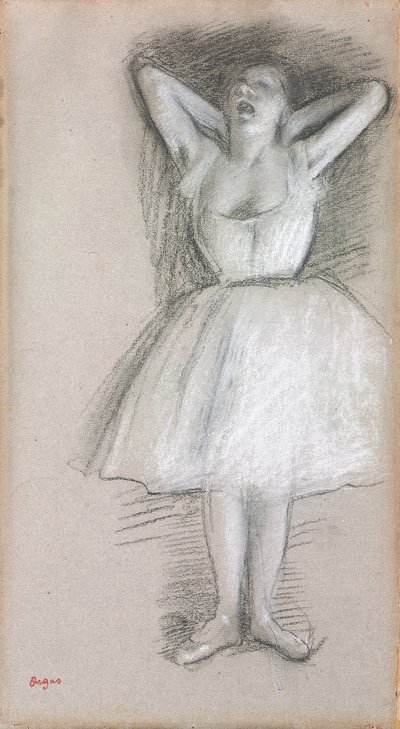 Tanssija, kädet nostettuna pään taakse; Tanssija, kätensä ylhäällä ja tuotu päänsä taakse, tekijältä Edgar Degas