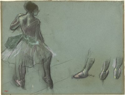 Tanssija nähtynä takaa ja kolme jalkatutkimusta tekijältä Edgar Degas
