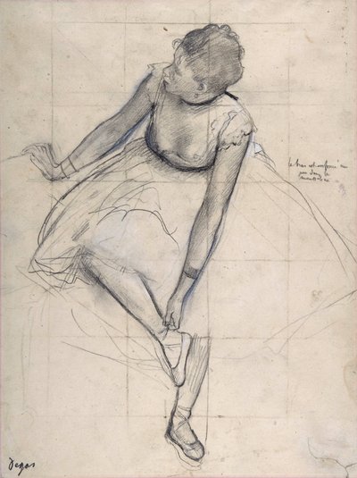 Tanssija säätelee kenkiään (ballerina). Edgar Degasin (1834-1917) piirustus New York Citystä. Metropolitan Museum of Art. tekijältä Edgar Degas