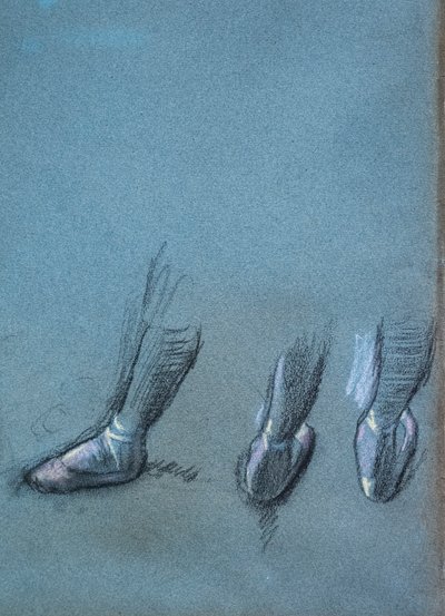 Tanssija selästä ja kolme jalkatutkimusta (yksityiskohta). Noin 1878. Hiiltä ja pastellia paperilla tekijältä Edgar Degas