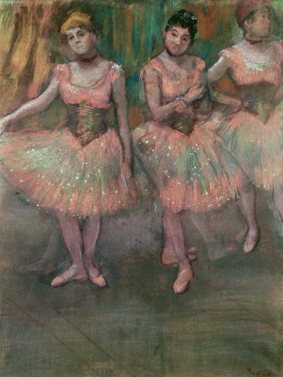 Tanssijat yllään lohenväriset hameet tekijältä Edgar Degas