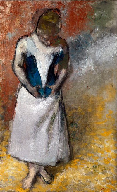 ""Femme de face, fermant son -korsetti"" (Nainen seisomassa edestä, puristamassa korsettiaan) Peinture d