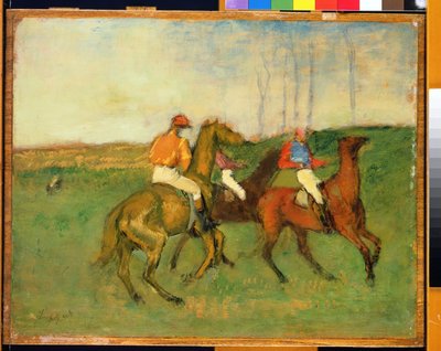 Jockeys ja kilpahevoset, n. 1890-1895 tekijältä Edgar Degas