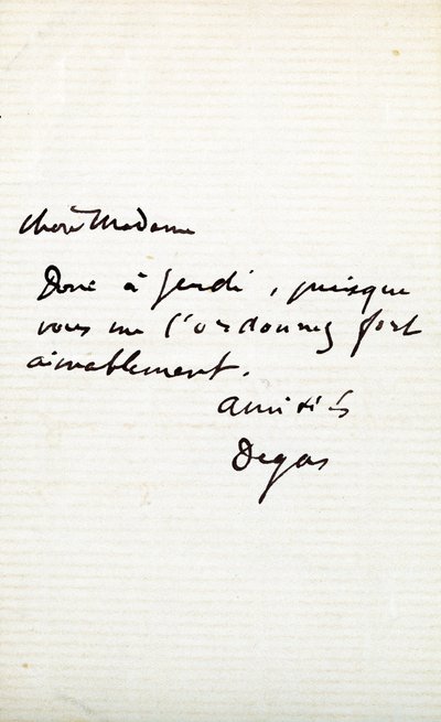 Taiteilijan kirje Berthe Morisotille (1841-95) tekijältä Edgar Degas