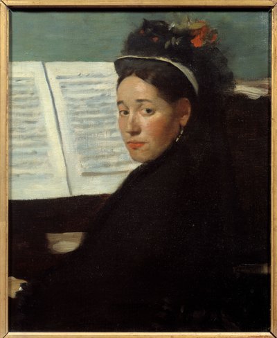 Mademoiselle Dihau (1843-1935) konserttipianisti Kolumni, pianolla Edgar Degasin (1834-1917) maalaus 1869 su. 0,45x0,32 m Pariisi, musee d