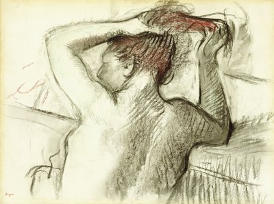 Alaston nainen muotoilemassa hiuksiaan tekijältä Edgar Degas