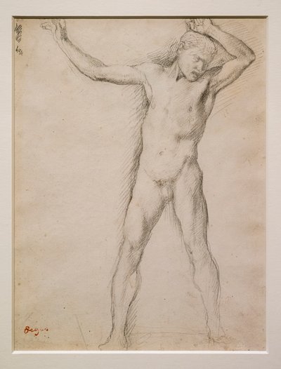 Alasti kasvot, kädet koholla, noin 1859-1861. Grafiittia veliinipaperilla. tekijältä Edgar Degas
