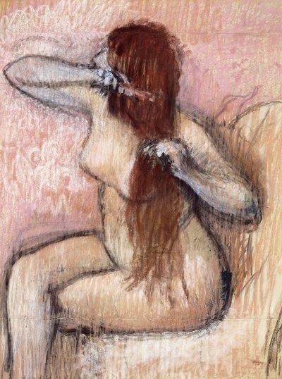 Alaston istuva nainen järjestämässä hiuksiaan; Istuva alaston nainen kampaamassa hiuksiaan, n. 1887-1890 tekijältä Edgar Degas