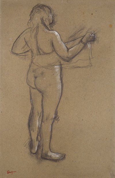 Alaston nainen, joka kuivaa itseään pyyhkeellä takaa katsottuna, 1800-luvun lopulla tekijältä Edgar Degas