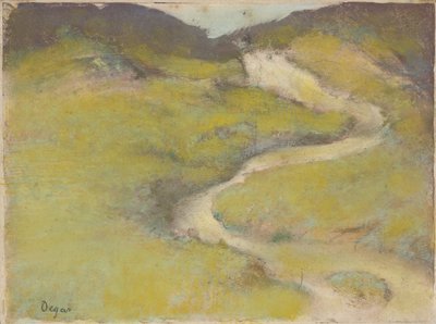 Polku pellolla, 1890 (pastelli ja öljymonotypia) tekijältä Edgar Degas