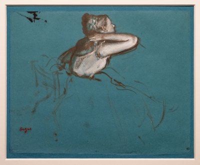 Istuva tanssija kääntyi oikealle (tutkimus "Repetition de balet sur la scène" istuvalle hahmolle). 1873. Öljyllä ja maalilla on esanssia paperilla tekijältä Edgar Degas