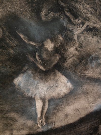 The Master of Ballet (yksityiskohta) (toteutettu yhteistyössä Ludovic Lepicin kanssa). 1876. Monotypia mustalla musteella valkoisella liidulla tekijältä Edgar Degas