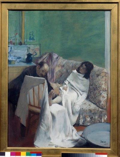 Pedikyyri Lääkäri tutkii nuoren naisen jalat. Edgar Degasin (1834-1917) maalaus. 1873. Koko 0,61 x 0,46 m. Pariisi, Musee d