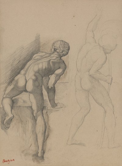 Kaksi alastonmiestä, 1856-57 (grafiittikynä tummalla kermanvärisellä paperilla) tekijältä Edgar Degas