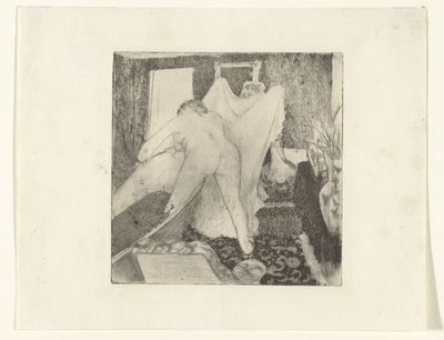Nainen nousee kylvystä ja saa pyyhkeen naiselta La Sortie du Bain tekijältä Edgar Degas