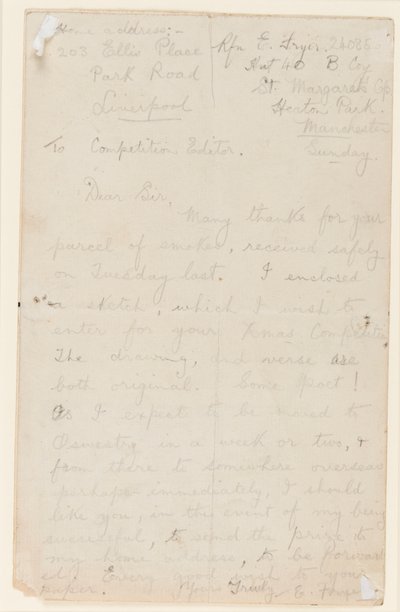 Kirje lehden kilpailutoimittajalle, 1914-18 tekijältä Edgar Fryer