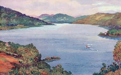 Vilaus Ribeirao das Lajesin suuresta tekojärvestä, jonka on rakentanut Rio de Janeiron raitiovaunu, Light and Power Company (väri litho) tekijältä Edgar L. Pattison