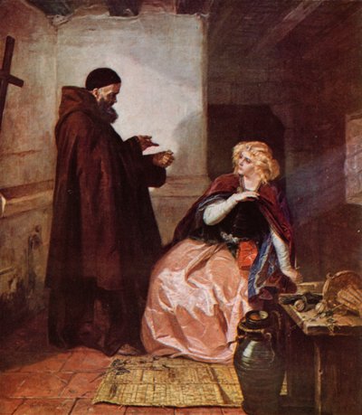 Shakespeare: Julia ja Friar Laurence, Romeo ja Julia, näytös IV, kohtaus 1 (värilitho) tekijältä Edgar Melville (after) Ward