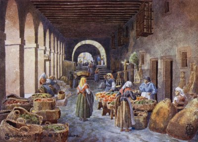 Pohjois-Espanja: Salamanca, Arcades Plaza de la Verdurassa (värilitho) tekijältä Edgar T. A. Wigram