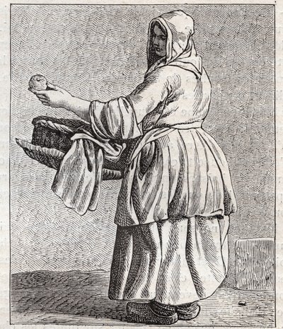 Paistettujen omenoiden kauppias - Pepetit metier de Paris (Tutkimuksia alhaisista ihmisistä eli Pariisin kriisistä) - kaiverrus Edme Bouchardon (1698-1762) tekijältä Edmé Bouchardon