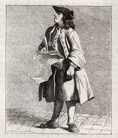 Numeroiden voittajien huutaja (Loto) - Petity metier de Paris (Tutkimuksia alhaisista ihmisistä eli Pariisin kriisistä) - Edme Bouchardonin (1698-1762) kaiverrus tekijältä Edmé Bouchardon