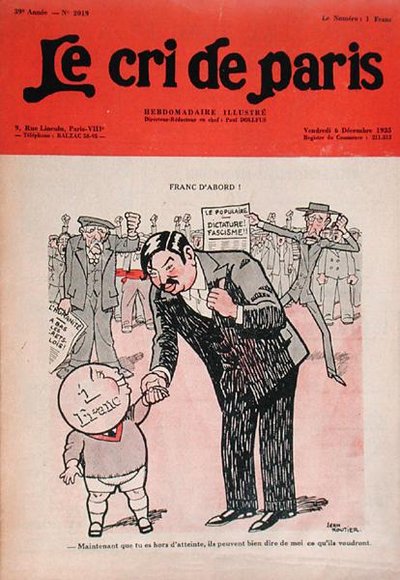 "Franc First", Pierre Laval (1883-1945) Petit Francin kanssa, karikatyyri Le Cri de Paris -lehdestä tekijältä Edmond (1861 1943) Tapissier