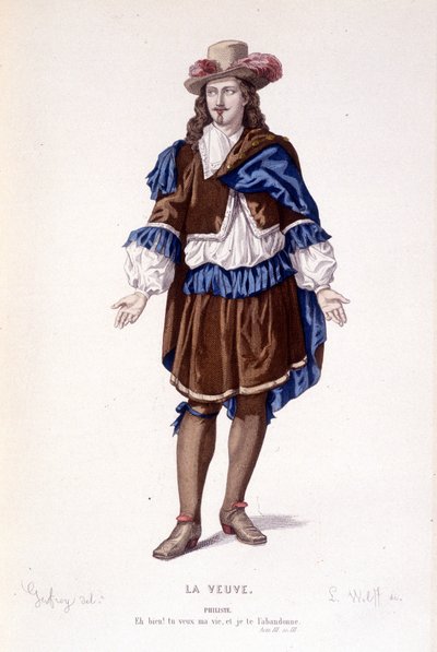Philisten hahmo La veuve ou le traitre betrayed - Teatteri valmis: (Corneillen näytelmien kokoelma) Geffroyn piirustus, kaiverrus L. Wolff - toim. Laplace, Sanchez and Co., Pariisi 1884 tekijältä Edmond Aime Florentin Geffroy