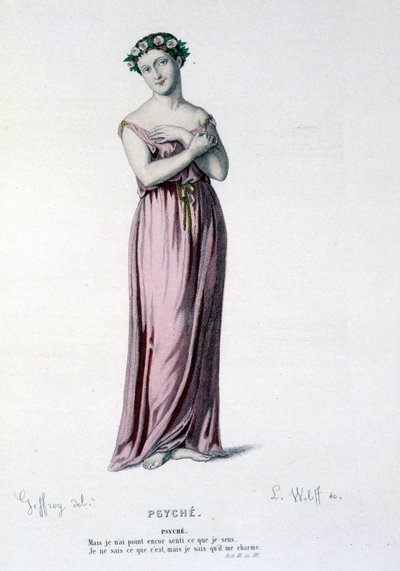 Psychen hahmo tragikomediassa ja baletissa Psyche, Moliere et Corneille - Full Theatre: (Corneillen näytelmien kokoelma) piirustus Geffroy, kaiverrus L. Wolff - toim. Laplace, Sanchez et Cie, Pariisi 1884 tekijältä Edmond Aime Florentin Geffroy