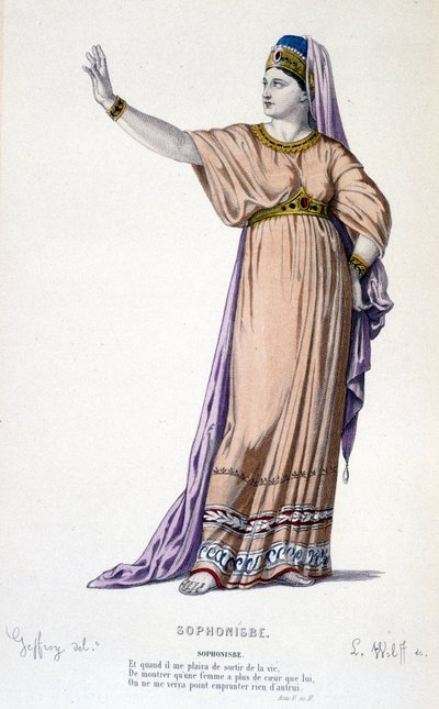 Sophonisben hahmo tragediassa Sophonisbe - Täysi teatteri: (Corneillen näytelmien kokoelma) Geffroyn piirustus, L. Wolffin kaiverrus - toim. Laplace, Sanchez et Cie, Pariisi 1884 tekijältä Edmond Aime Florentin Geffroy