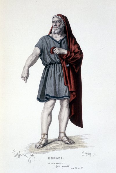 Vanhan Horatian hahmo tragediassa Horace - Full Theatre: (Corneillen näytelmien kokoelma) Geffroyn piirustus, L. Wolffin kaiverrus - toim. Laplace, Sanchez et Cie, Pariisi 1884 tekijältä Edmond Aime Florentin Geffroy