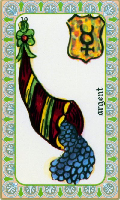 Magus tarot Belline piirtänyt Edmond Billaudot c. 1845 ja annettiin selvänäkijä Bellinelle uudelleen liikkeeseen laskettavaksi: rahakortti: kolikot runsauden sarvessa tekijältä Edmond Billaudot