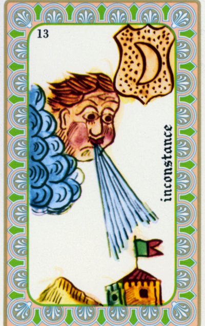 Magus tarot Belline piirtänyt Edmond Billaudot c. 1845 ja annettiin selvänäkijä Bellinelle uusintajulkaisua varten: epävakaisuuden kortti: tuuli puhaltaa tekijältä Edmond Billaudot