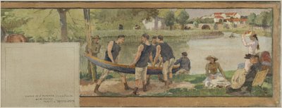 Saint-Mauricen kaupungintalon luonnos: Maisema. Les bords de la Marne (kylätaloa varten), vuosina 1890-1892 (öljy, muste, kangas). tekijältä Edmond Debon