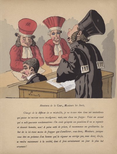 Oikeussali kohtaus (väri litho) tekijältä Edmond Lavrate