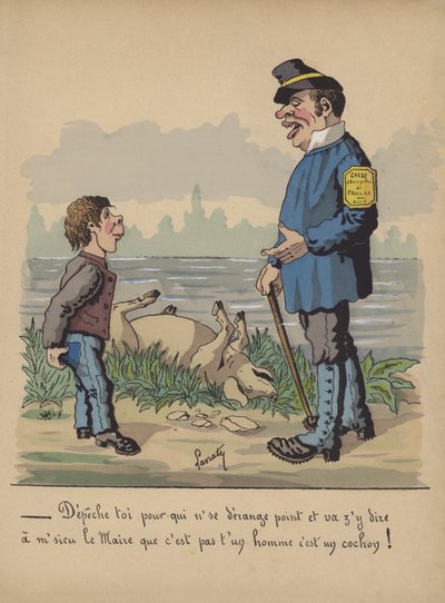 Riistanhoitaja ja poika kuolleella sikalla (väri litho) tekijältä Edmond Lavrate