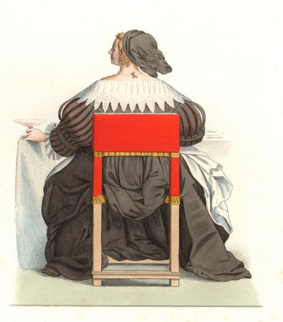 Ranskalainen nainen 1600-luvulla, Abraham Bossen (1602-1676) kaiverruksesta - Litografia Edmond Lechevallier-Chevignardin (1825-1902) kuvituksesta "Costumes historiques des 16th" tekijältä Edmond Lechevallier Chevignard