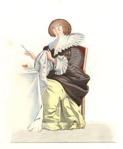 Ranskan aateliston nainen 1500-luvulla, Abraham Bossen (1602-1676) kaiverruksen jälkeen - Litografia Edmond Lechevallier-Chevignardin (1825-1902) kuvituksesta teoksesta "Costumes historiques des 16th" tekijältä Edmond Lechevallier Chevignard