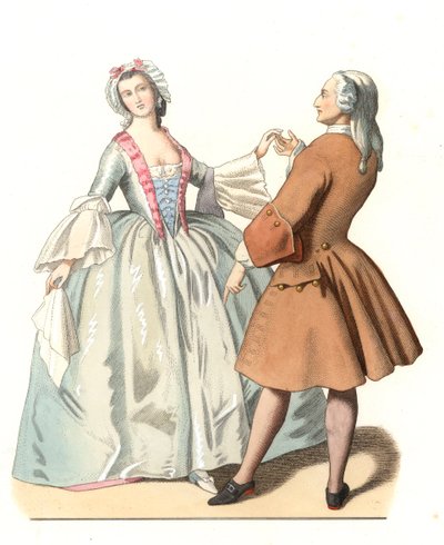 Tanssimestari ja nuori venetsialainen, tanssilekon Italiassa 1700-luvulla, perustuu Pietro Longhin (1701-1785) maalaukseen - Edmond Lechevallier-Chevignardin (1825-1902) kuvitukseen perustuva litografia, poimittu "" Historical Costumes of -kokoelmasta 16.  tekijältä Edmond Lechevallier Chevignard