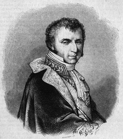 Ranskalaisen poliitikon Nicolas Francois Mollienin (1758-1850) muotokuva. Kaiverrus Chevignard in "" The Picturesque Store"" tekijältä Edmond Lechevallier Chevignard