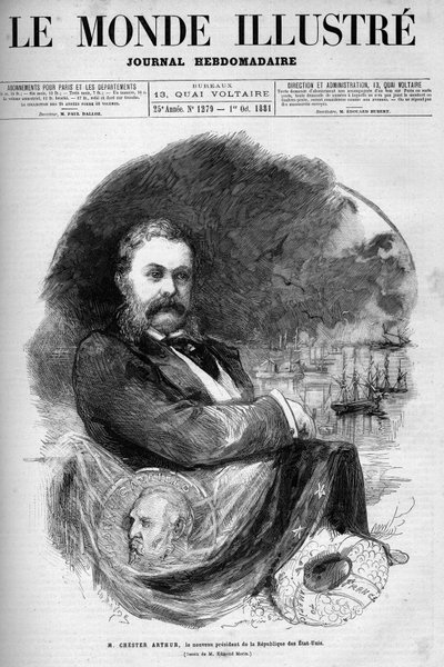 Yhdysvaltain presidentin Chester Alan Arthurin (1830-1886) muotokuva. Kaiverrus Edmond Morin. Yksi "The Illustrous World" -julkaisusta nro 1279, 1. lokakuuta tekijältä Edmond Morin