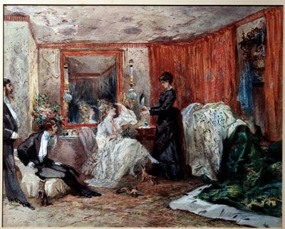 Teatterikoomikko Hortense Schneider (1833-1920), Jacques Offenbachin (1819-1890) rakastajatar, edustaa vasemmalla pukuhuoneessaan Theater des varetesissa. Edmond Morinin (1824-1882) akvarelli 1873 Compiegne, linnamuseo tekijältä Edmond Morin