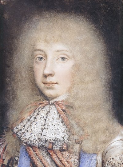 Edward Stuartin muotokuva, rinnan pituus, kiiltävät hiukset ja pitsi tekijältä Edmund Ashfield