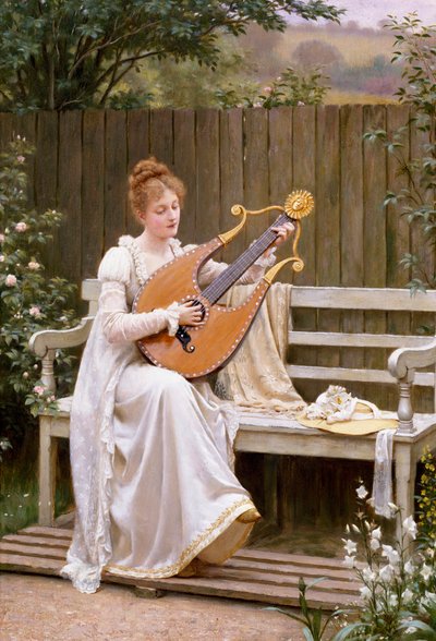 "Con Amore" Nuori nainen soittaa lyyraa. Edward Blair Leightonin (1853-1922) maalaus 1895. tekijältä Edmund Blair Leighton