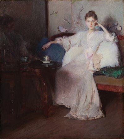 Sovitus vaaleanpunaisena ja harmaana (iltapäivätee) tekijältä Edmund Charles Tarbell