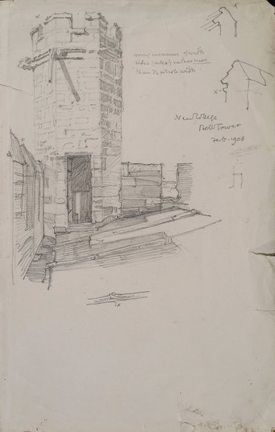 Luonnos New Collegen kellotornista, jossa näkyy yksityiskohta lyijykatosta, 1908 kynä paperille tekijältä Edmund Hort New