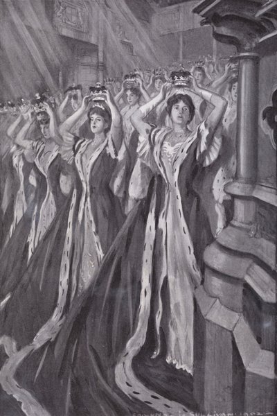 Peeressat laittavat kruununsa kuningatar Alexandran, kuningas Edward VII:n puolison kruunajaisissa, Westminster Abbey, Lontoo tekijältä Edmund Joseph (after) Sullivan