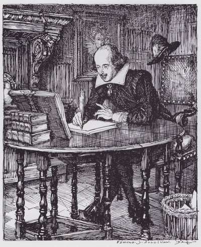 Shakespeare työhuoneessaan (litho) tekijältä Edmund Joseph (after) Sullivan