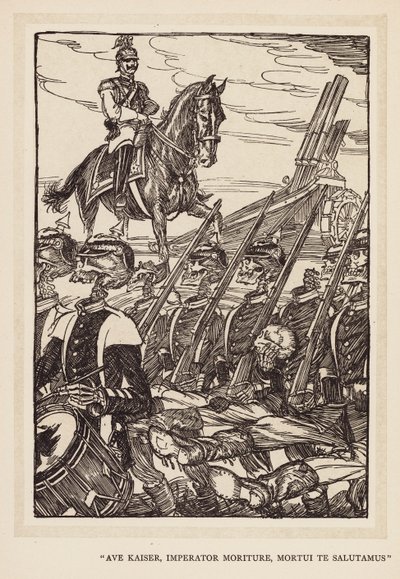 Keisarin seppele: "Ave Kaiser, Imperator Moriture, Mortui Te Salutamus" (litografia). tekijältä Edmund Joseph (after) Sullivan